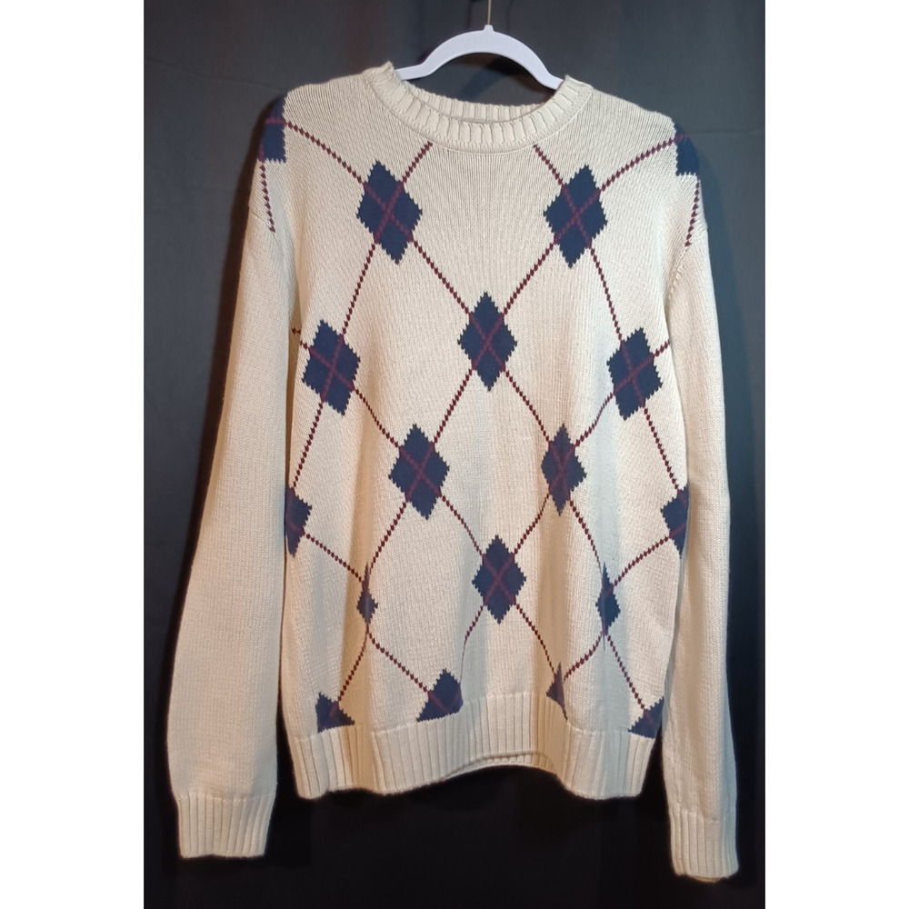 Dockers Argyle Sweater Medium Oversized Beige Red Blue Grandpa Pullover Knit